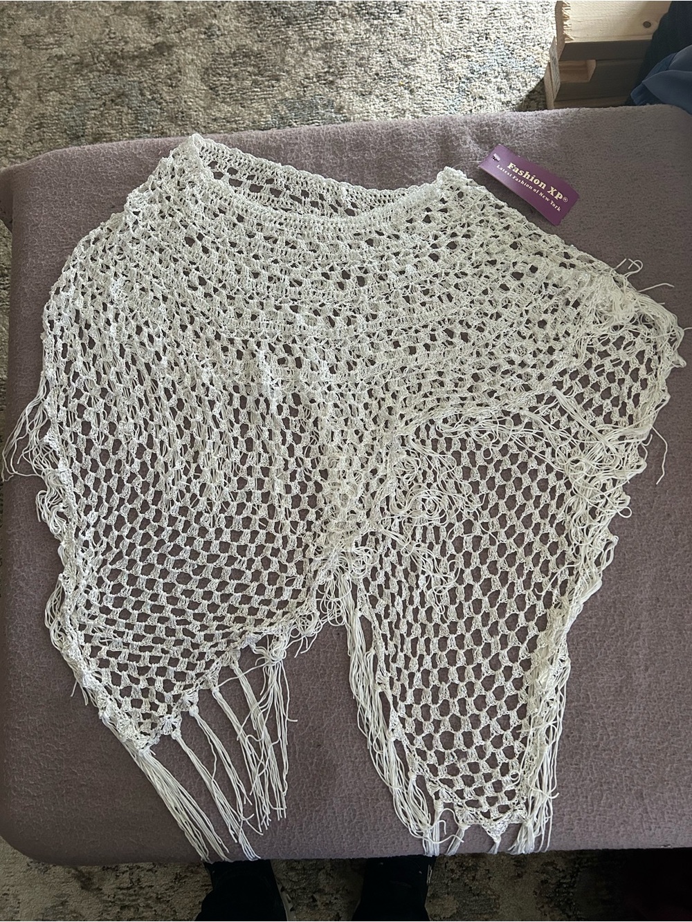Fashion XP Crochet Fringe Poncho - Cream - Picture 2 of 2